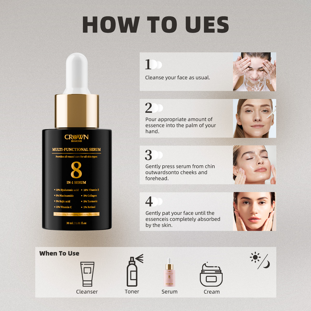 8-in-1 Custom Logo Kojic Acid Vitamin C Whitening Anti-Aging Anti-Wrinkle Dark Spot Brightening Glow Facial Serum