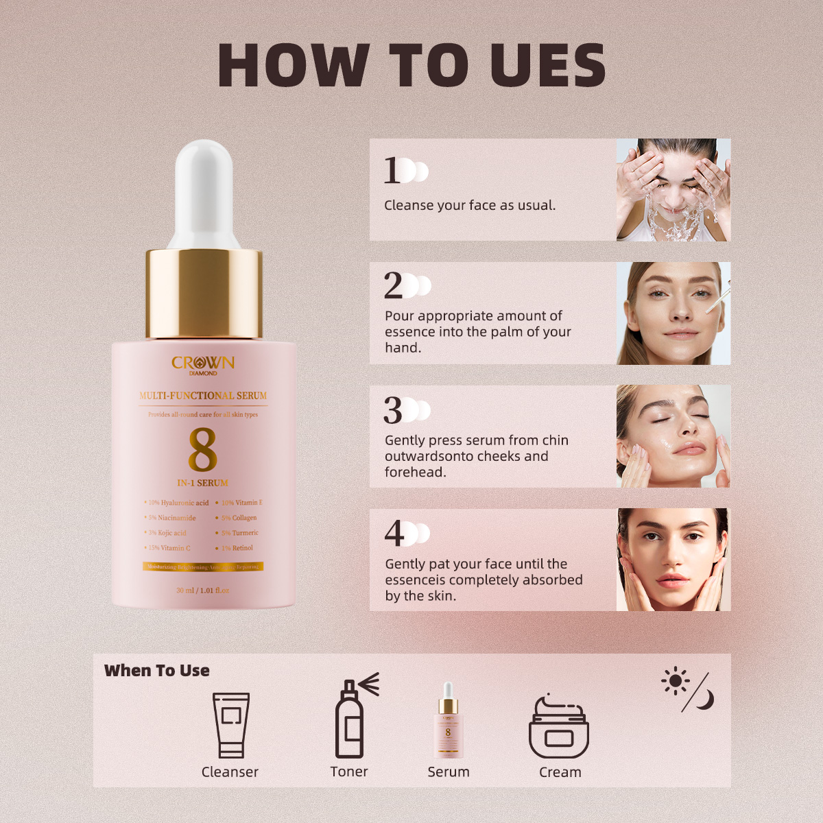 Hot Selling Korean 8-in-1 Hydrating Dark Spot Whitening Anti-Aging Acne Wrinkle Facial Serum