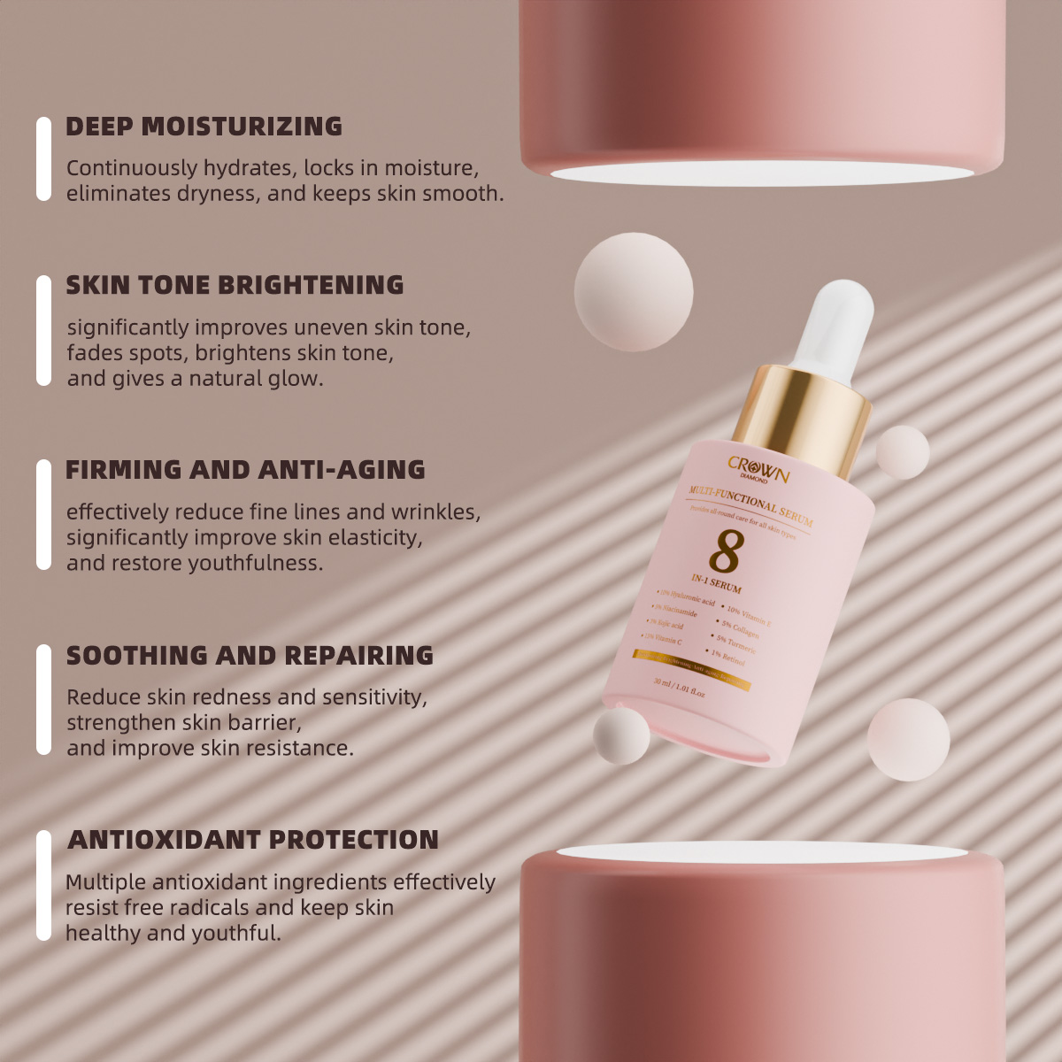 Hot Selling Korean 8-in-1 Hydrating Dark Spot Whitening Anti-Aging Acne Wrinkle Facial Serum