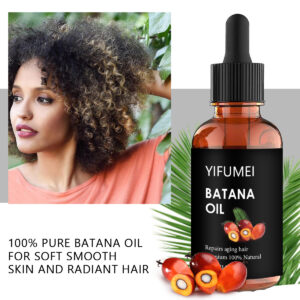 Organic Vegan Batana Hair Oil main product image with Batana fruit and curly hair model