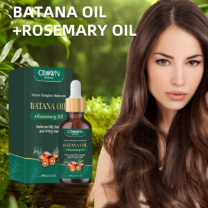 Private Label Batana Rosemary Hair Care Oil main product image with packaging and long hair model